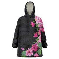 Hawaiian Hibiscus and Art Polynesian Tattoo Wearable Blanket Hoodie Black Color