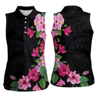 Hawaiian Hibiscus and Art Polynesian Tattoo Women Sleeveless Polo Shirt Black Color LT03 - Polynesian Pride