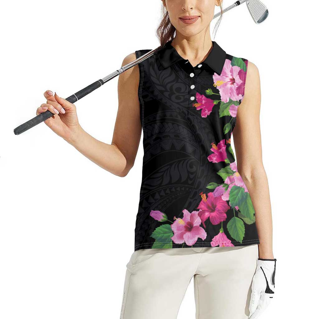 Hawaiian Hibiscus and Art Polynesian Tattoo Women Sleeveless Polo Shirt Black Color LT03 - Polynesian Pride