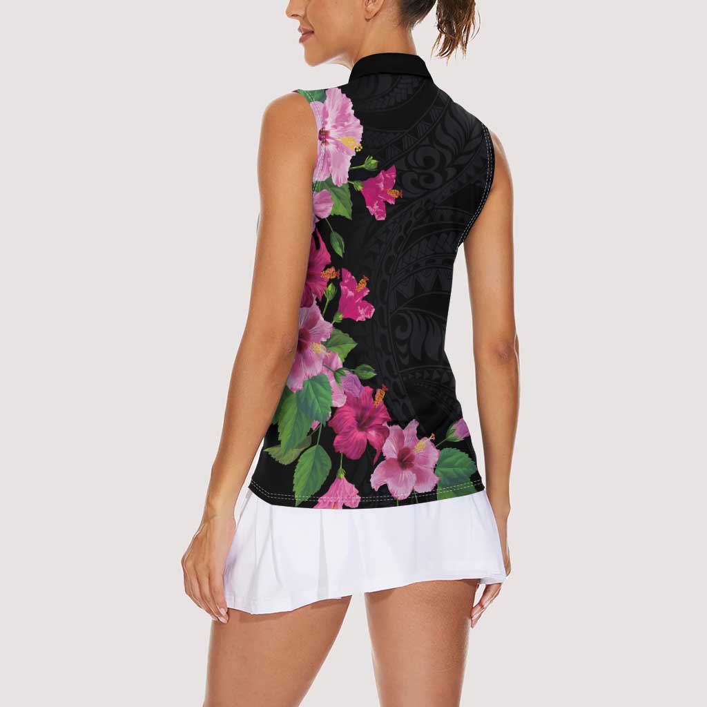 Hawaiian Hibiscus and Art Polynesian Tattoo Women Sleeveless Polo Shirt Black Color LT03 - Polynesian Pride