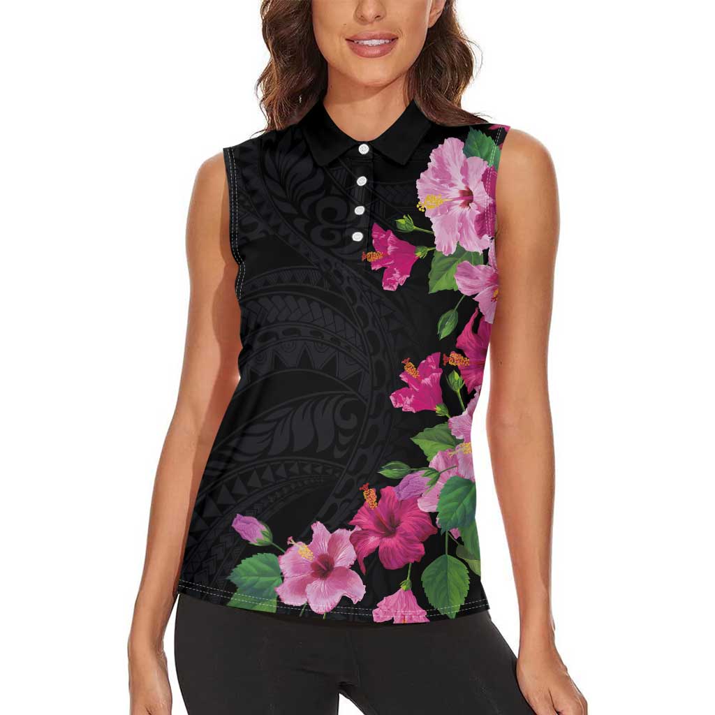 Hawaiian Hibiscus and Art Polynesian Tattoo Women Sleeveless Polo Shirt Black Color LT03 - Polynesian Pride