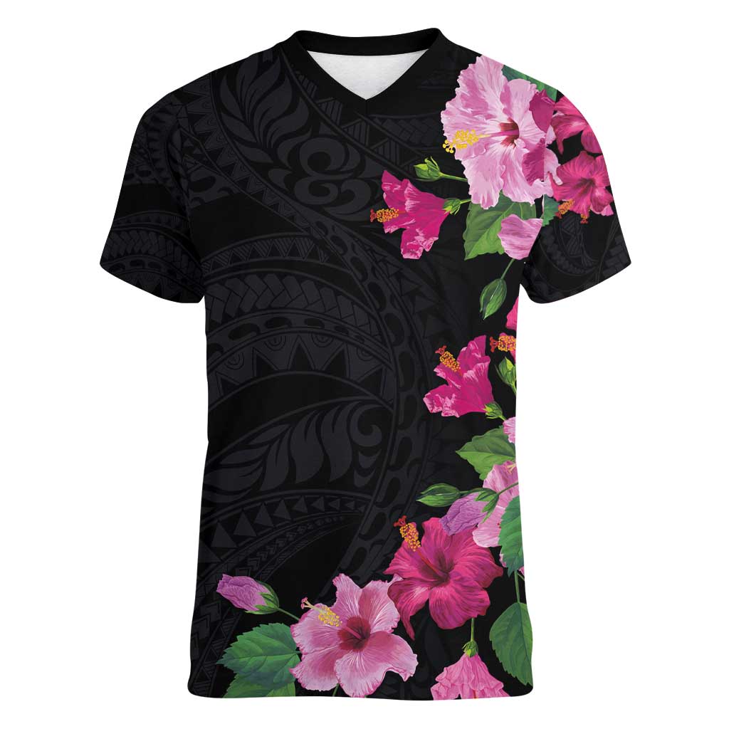 Hawaiian Hibiscus and Art Polynesian Tattoo Women V-Neck T-Shirt Black Color LT03 Female Black - Polynesian Pride