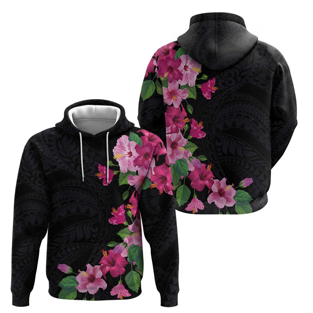 Hawaiian Hibiscus and Art Polynesian Tattoo Zip Hoodie Black Color