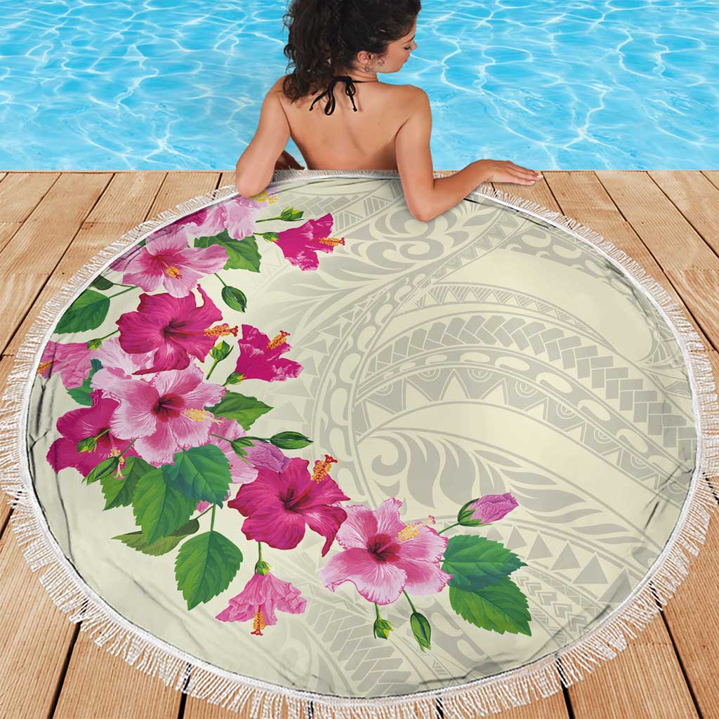 Hawaiian Hibiscus and Art Polynesian Tattoo Beach Blanket Beige Color