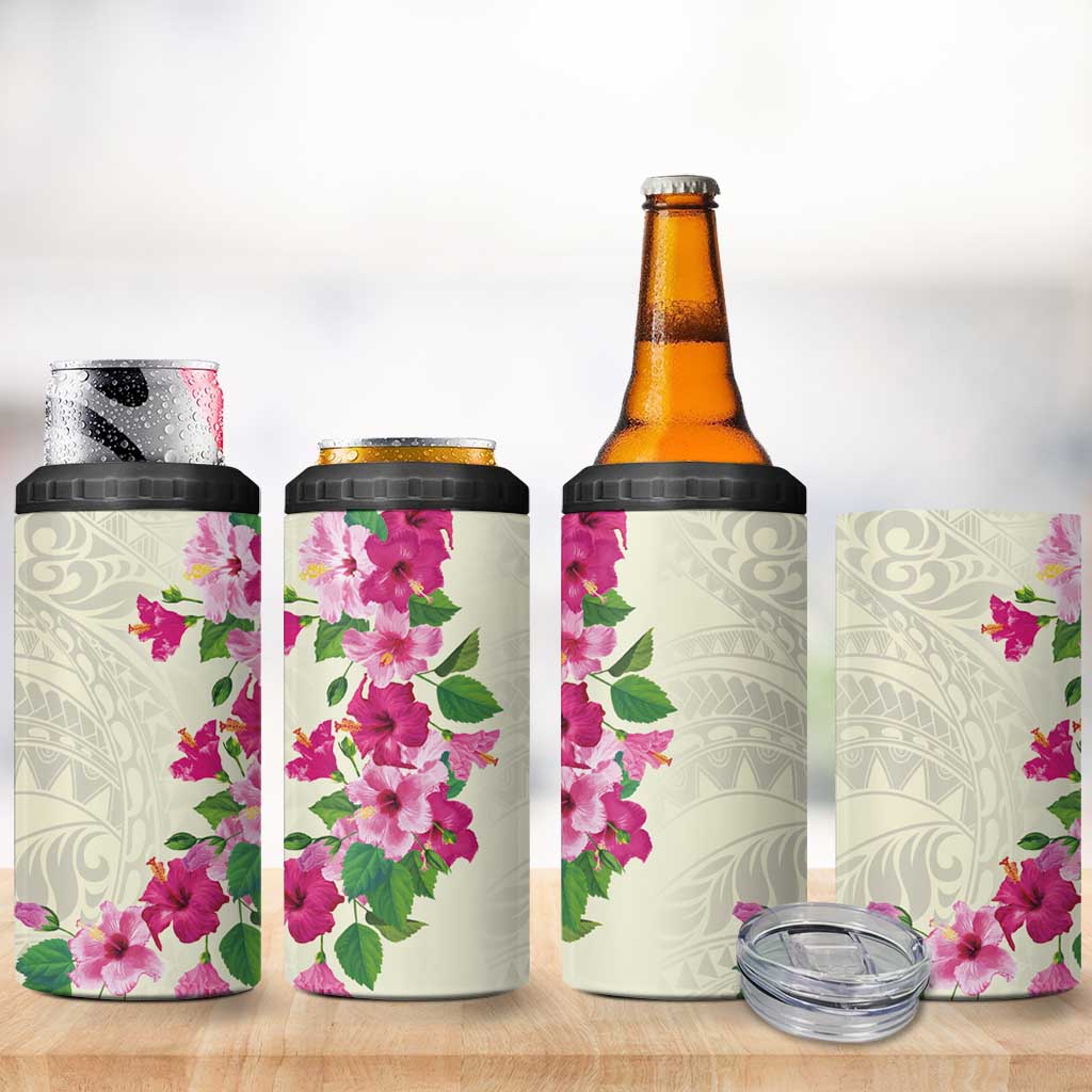 Hawaiian Hibiscus and Art Polynesian Tattoo 4 in 1 Can Cooler Tumbler Beige Color