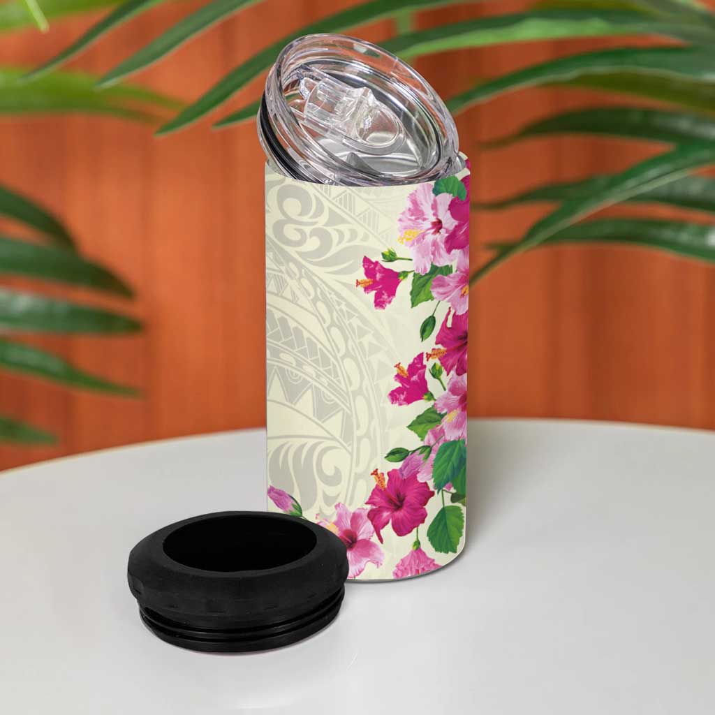Hawaiian Hibiscus and Art Polynesian Tattoo 4 in 1 Can Cooler Tumbler Beige Color