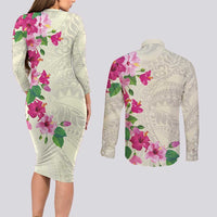 Hawaiian Hibiscus and Art Polynesian Tattoo Couples Matching Long Sleeve Bodycon Dress and Long Sleeve Button Shirt Beige Color