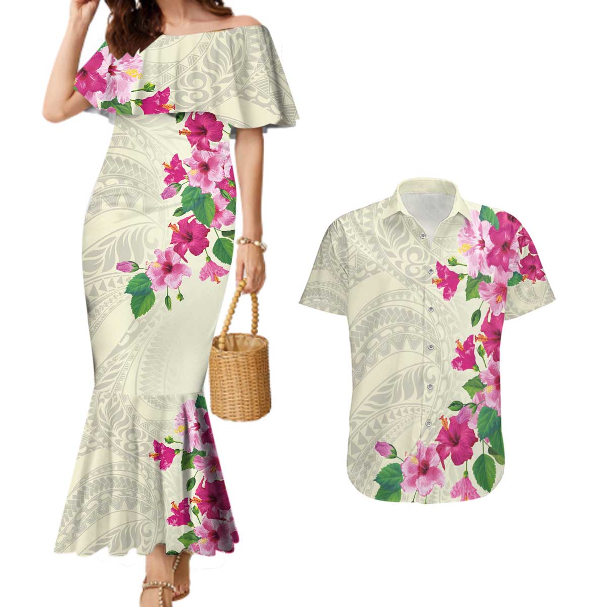 Hawaiian Hibiscus and Art Polynesian Tattoo Couples Matching Mermaid Dress and Hawaiian Shirt Beige Color