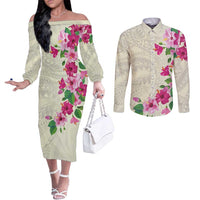 Hawaiian Hibiscus and Art Polynesian Tattoo Couples Matching Off The Shoulder Long Sleeve Dress and Long Sleeve Button Shirt Beige Color