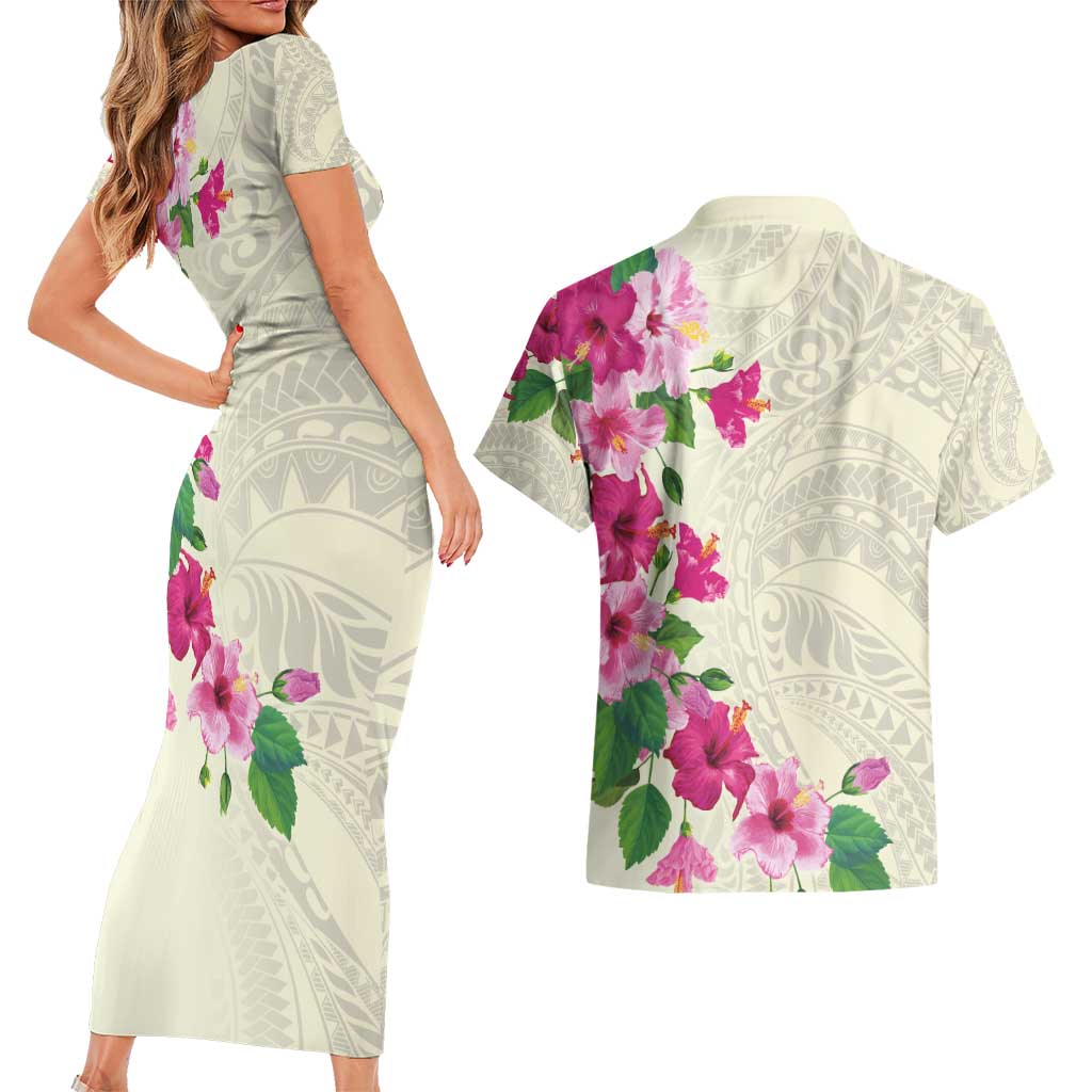 Hawaiian Hibiscus and Art Polynesian Tattoo Couples Matching Short Sleeve Bodycon Dress and Hawaiian Shirt Beige Color
