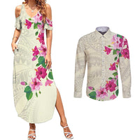Hawaiian Hibiscus and Art Polynesian Tattoo Couples Matching Summer Maxi Dress and Long Sleeve Button Shirt Beige Color
