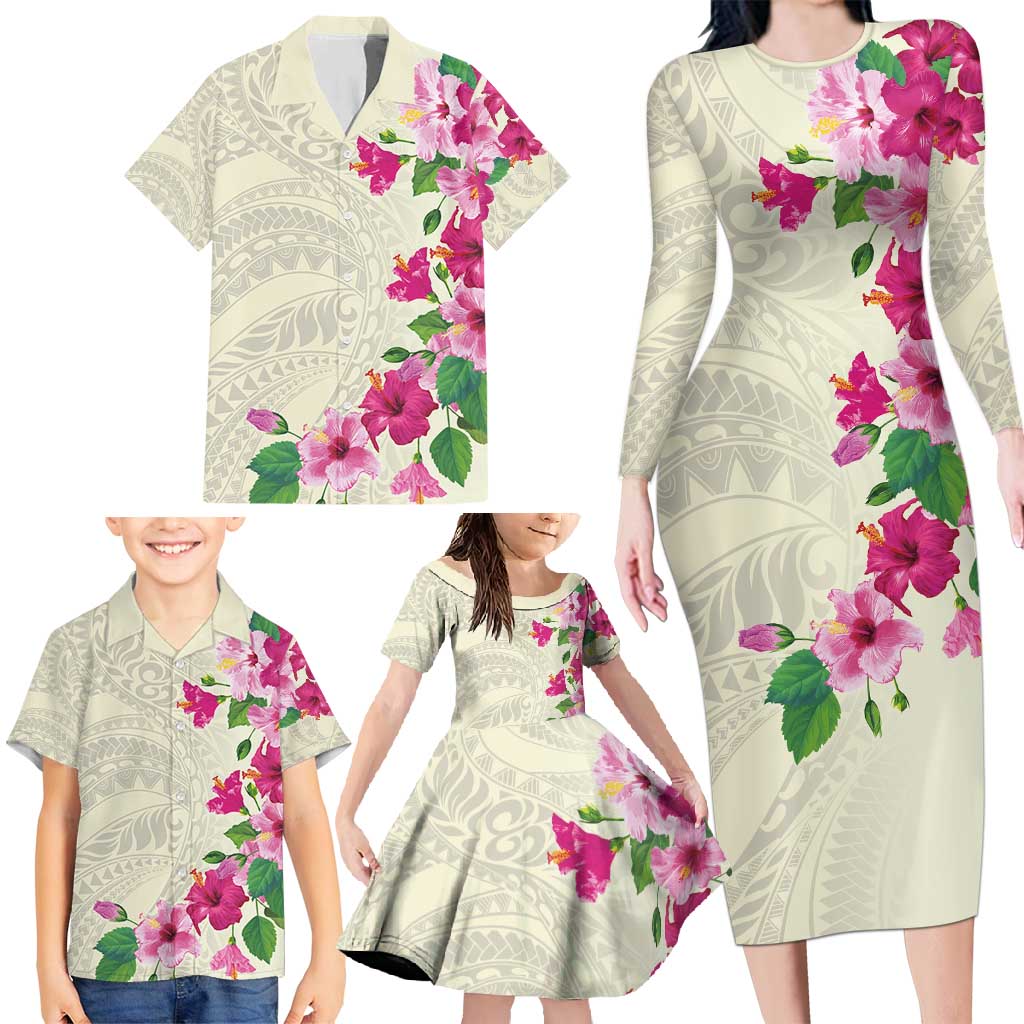 Hawaiian Hibiscus and Art Polynesian Tattoo Family Matching Long Sleeve Bodycon Dress and Hawaiian Shirt Beige Color