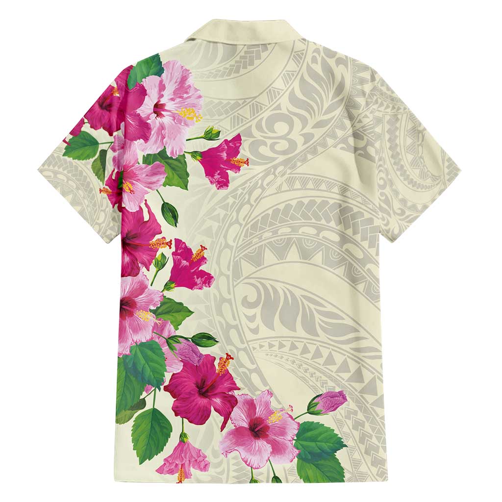 Hawaiian Hibiscus and Art Polynesian Tattoo Family Matching Long Sleeve Bodycon Dress and Hawaiian Shirt Beige Color