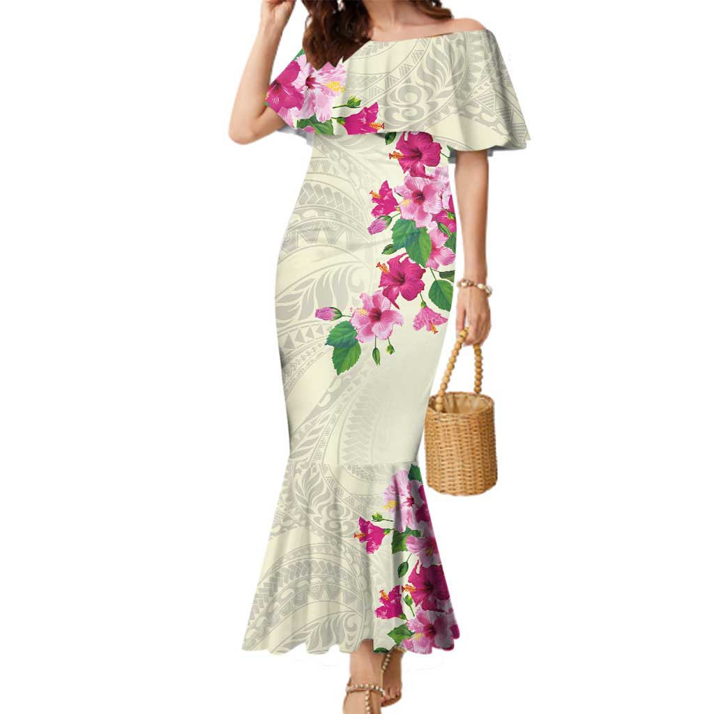 Hawaiian Hibiscus and Art Polynesian Tattoo Family Matching Mermaid Dress and Hawaiian Shirt Beige Color