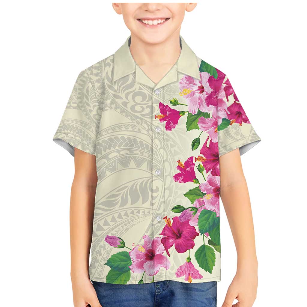 Hawaiian Hibiscus and Art Polynesian Tattoo Family Matching Mermaid Dress and Hawaiian Shirt Beige Color
