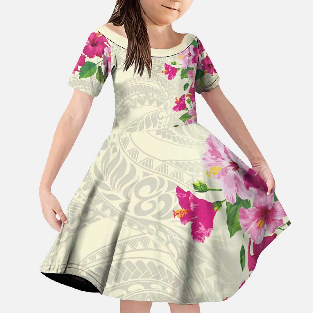 Hawaiian Hibiscus and Art Polynesian Tattoo Family Matching Off Shoulder Maxi Dress and Hawaiian Shirt Beige Color