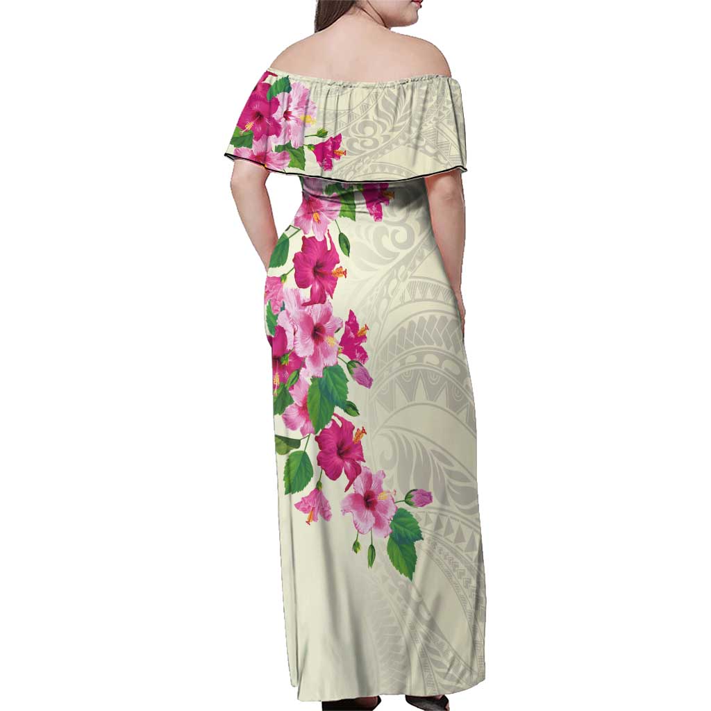 Hawaiian Hibiscus and Art Polynesian Tattoo Family Matching Off Shoulder Maxi Dress and Hawaiian Shirt Beige Color