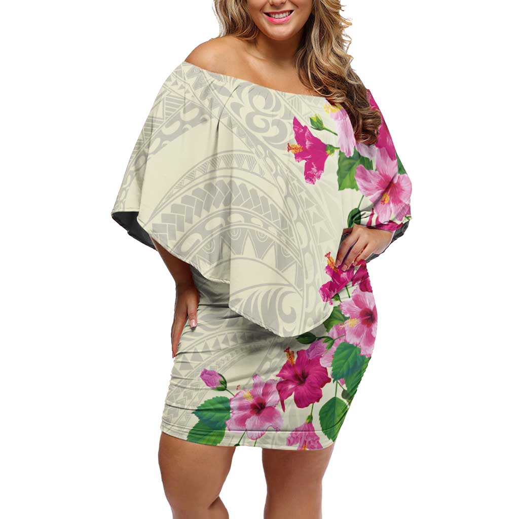 Hawaiian Hibiscus and Art Polynesian Tattoo Family Matching Off Shoulder Short Dress and Hawaiian Shirt Beige Color