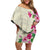 Hawaiian Hibiscus and Art Polynesian Tattoo Family Matching Off Shoulder Short Dress and Hawaiian Shirt Beige Color