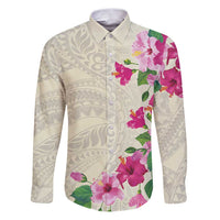 Hawaiian Hibiscus and Art Polynesian Tattoo Family Matching Puletasi and Hawaiian Shirt Beige Color LT03 Dad's Shirt - Long Sleeve Beige - Polynesian Pride