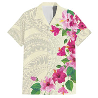 Hawaiian Hibiscus and Art Polynesian Tattoo Family Matching Short Sleeve Bodycon Dress and Hawaiian Shirt Beige Color