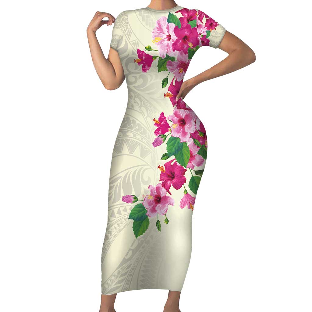 Hawaiian Hibiscus and Art Polynesian Tattoo Family Matching Short Sleeve Bodycon Dress and Hawaiian Shirt Beige Color