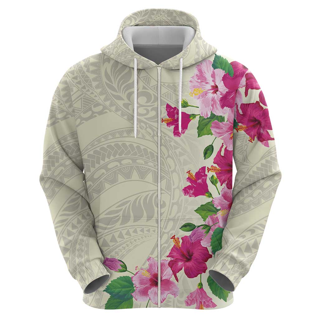 Hawaiian Hibiscus and Art Polynesian Tattoo Hoodie Beige Color