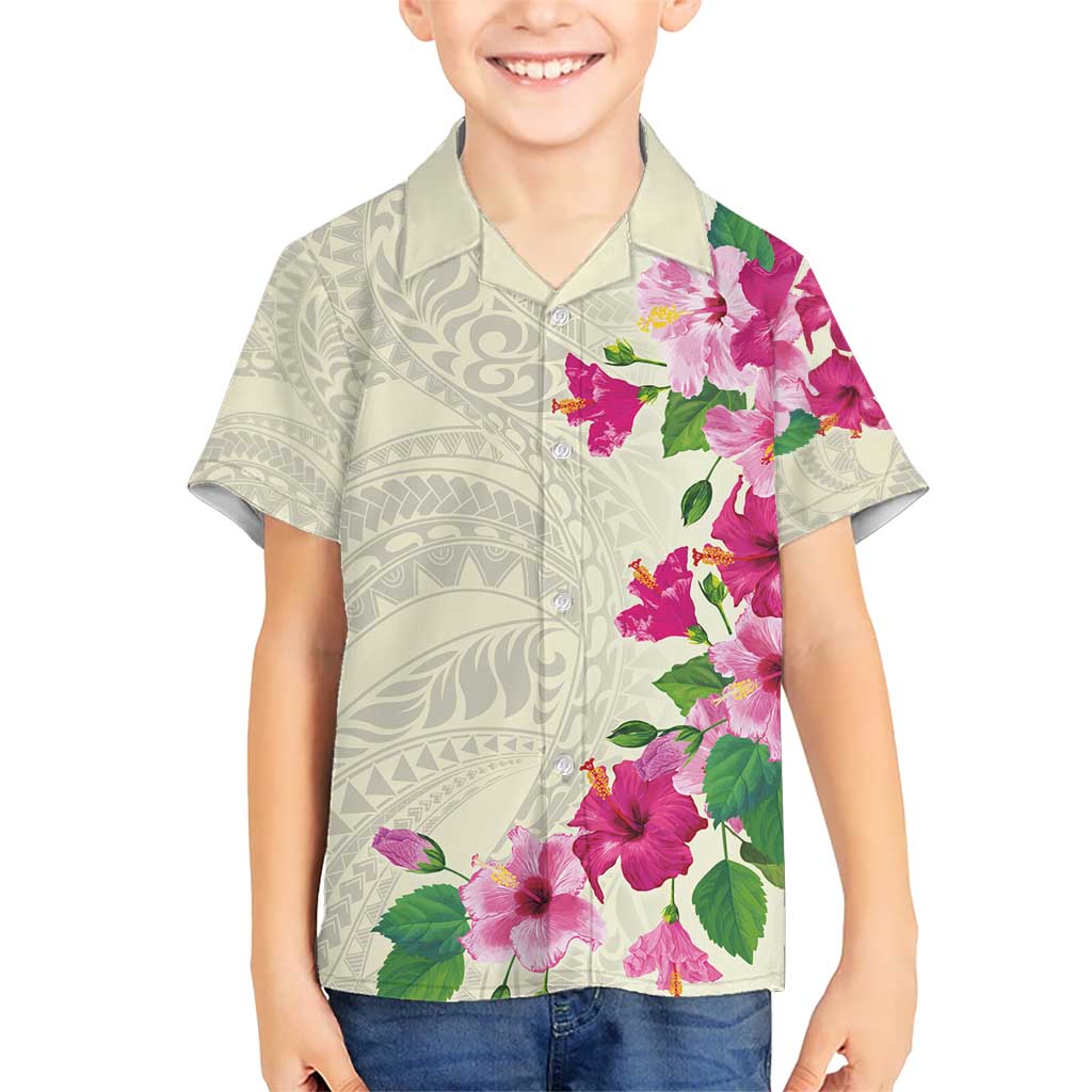 Hawaiian Hibiscus and Art Polynesian Tattoo Kid Hawaiian Shirt Beige Color LT03 Kid Beige - Polynesian Pride