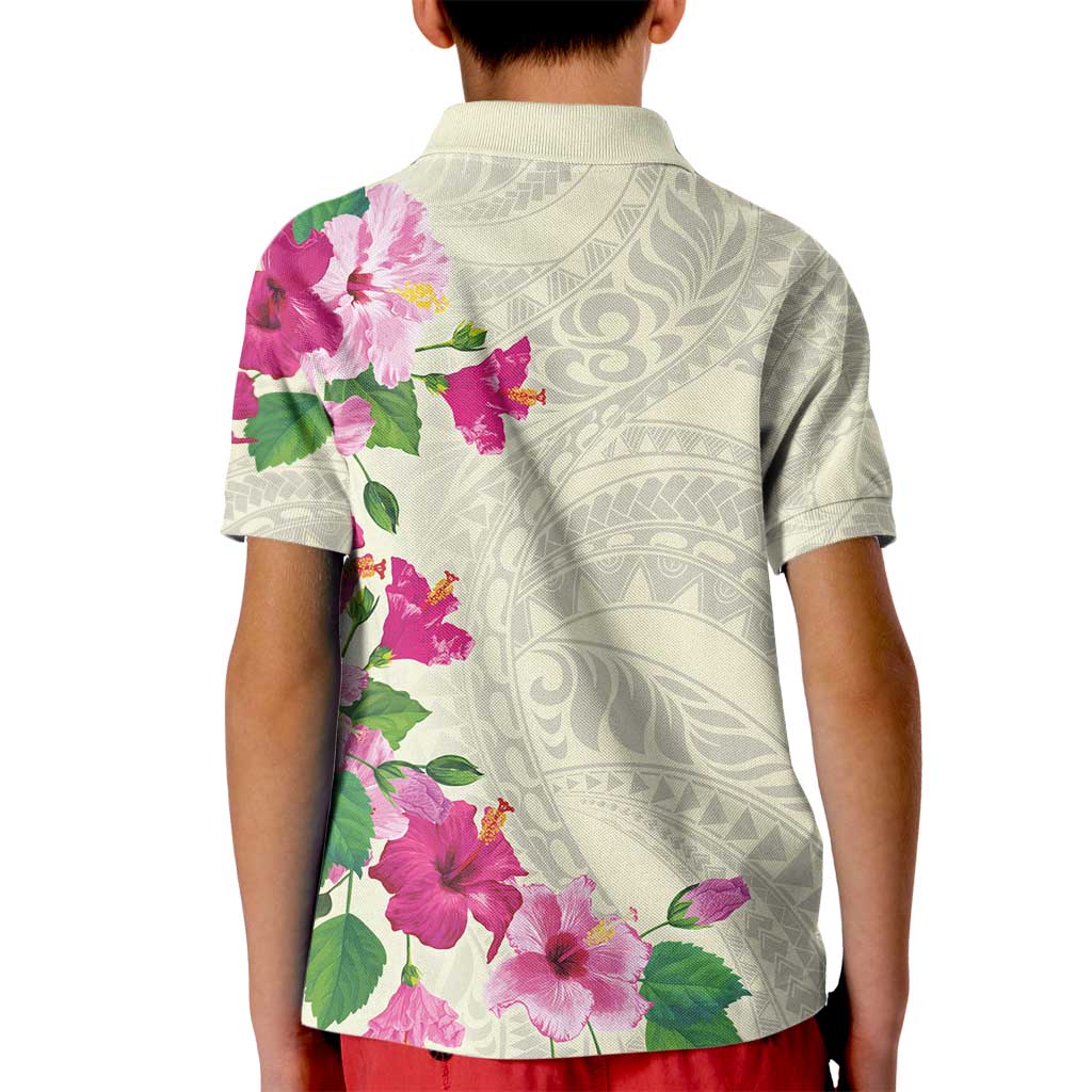 Hawaiian Hibiscus and Art Polynesian Tattoo Kid Polo Shirt Beige Color