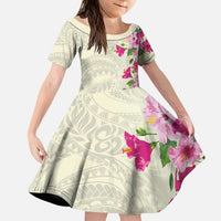 Hawaiian Hibiscus and Art Polynesian Tattoo Kid Short Sleeve Dress Beige Color