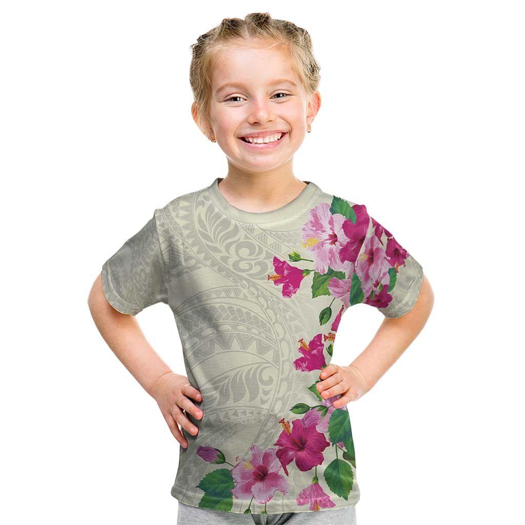 Hawaiian Hibiscus and Art Polynesian Tattoo Kid T Shirt Beige Color LT03 Beige - Polynesian Pride