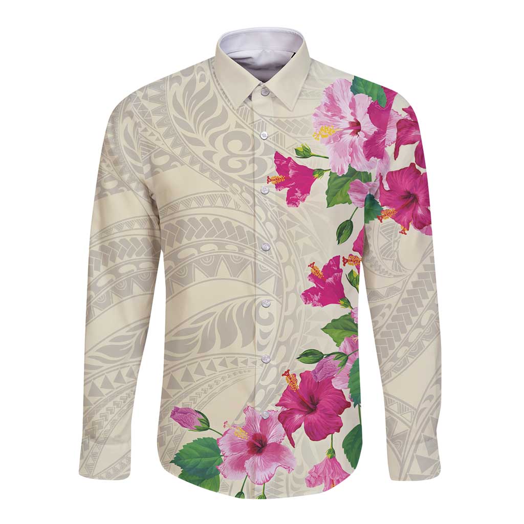 Hawaiian Hibiscus and Art Polynesian Tattoo Long Sleeve Button Shirt Beige Color LT03 Unisex Beige - Polynesian Pride
