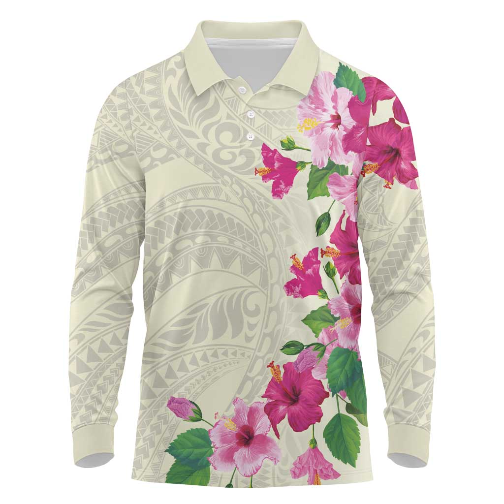 Hawaiian Hibiscus and Art Polynesian Tattoo Long Sleeve Polo Shirt Beige Color LT03 Beige - Polynesian Pride