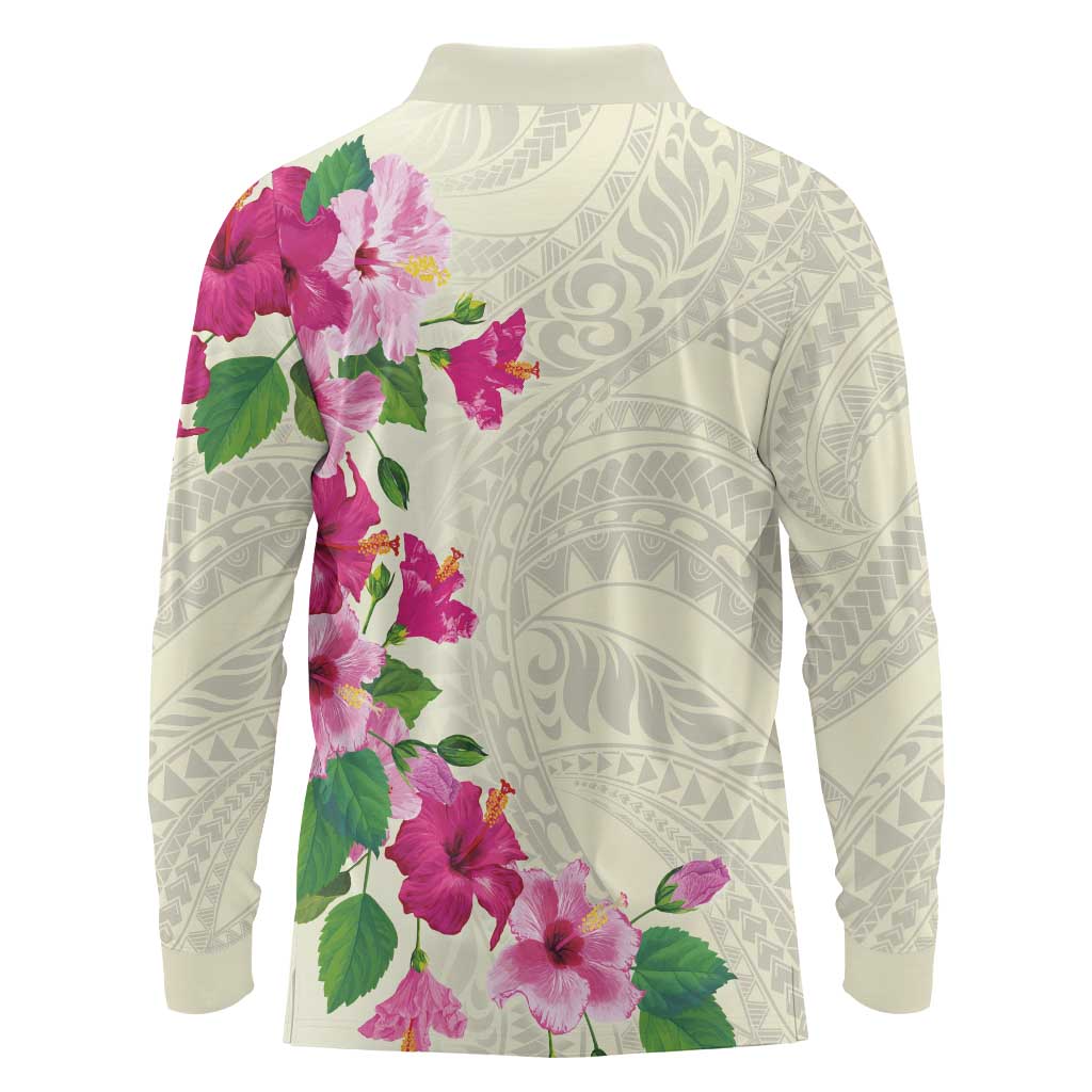 Hawaiian Hibiscus and Art Polynesian Tattoo Long Sleeve Polo Shirt Beige Color LT03 - Polynesian Pride