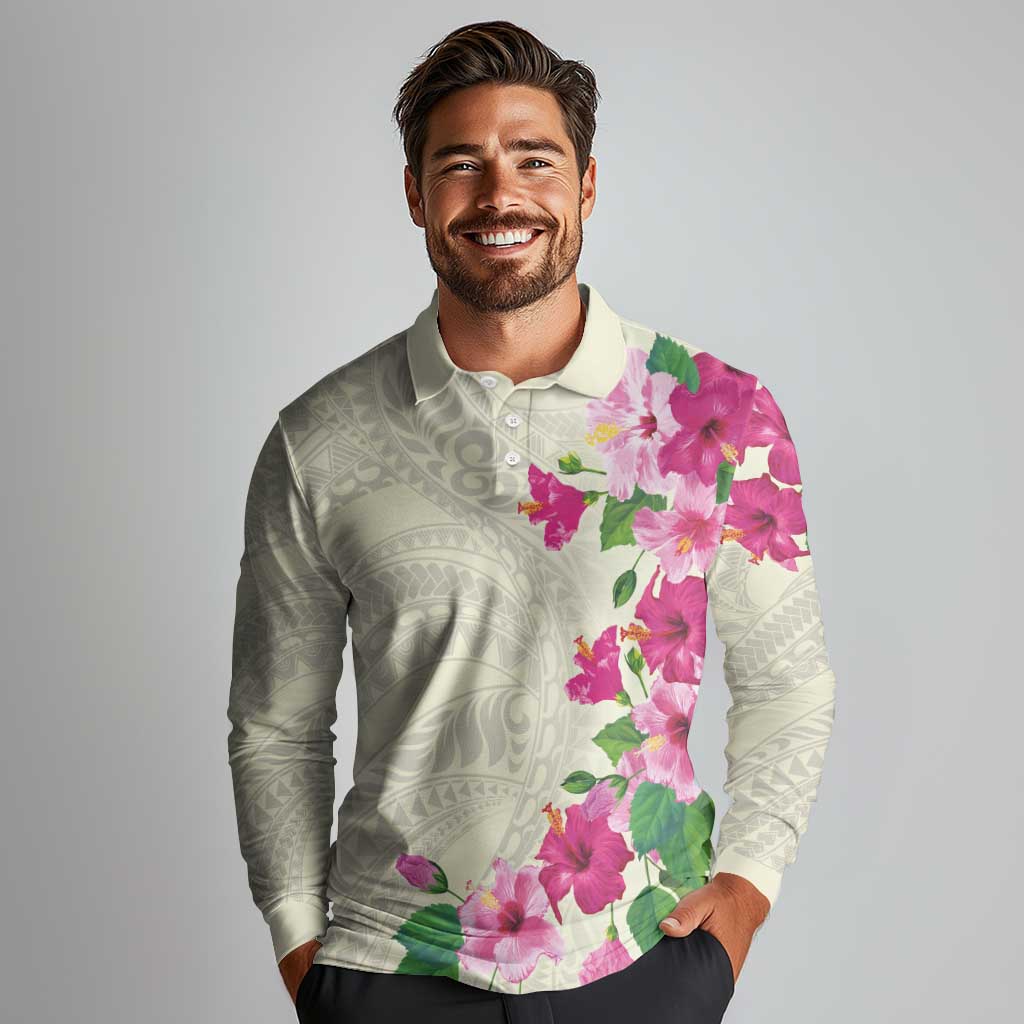 Hawaiian Hibiscus and Art Polynesian Tattoo Long Sleeve Polo Shirt Beige Color LT03 - Polynesian Pride