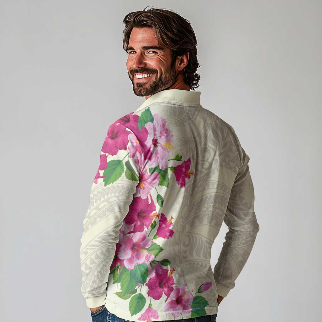 Hawaiian Hibiscus and Art Polynesian Tattoo Long Sleeve Polo Shirt Beige Color LT03 - Polynesian Pride