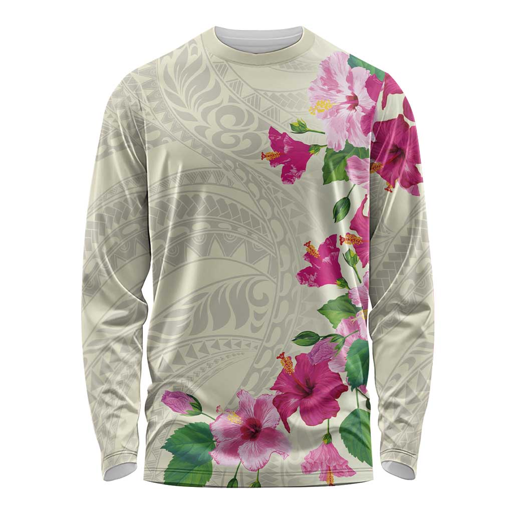 Hawaiian Hibiscus and Art Polynesian Tattoo Long Sleeve Shirt Beige Color LT03 Unisex Beige - Polynesian Pride