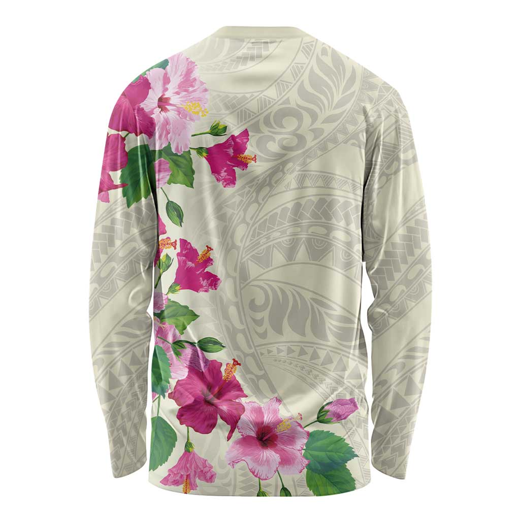 Hawaiian Hibiscus and Art Polynesian Tattoo Long Sleeve Shirt Beige Color
