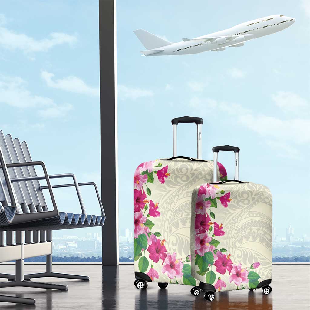 Hawaiian Hibiscus and Art Polynesian Tattoo Luggage Cover Beige Color