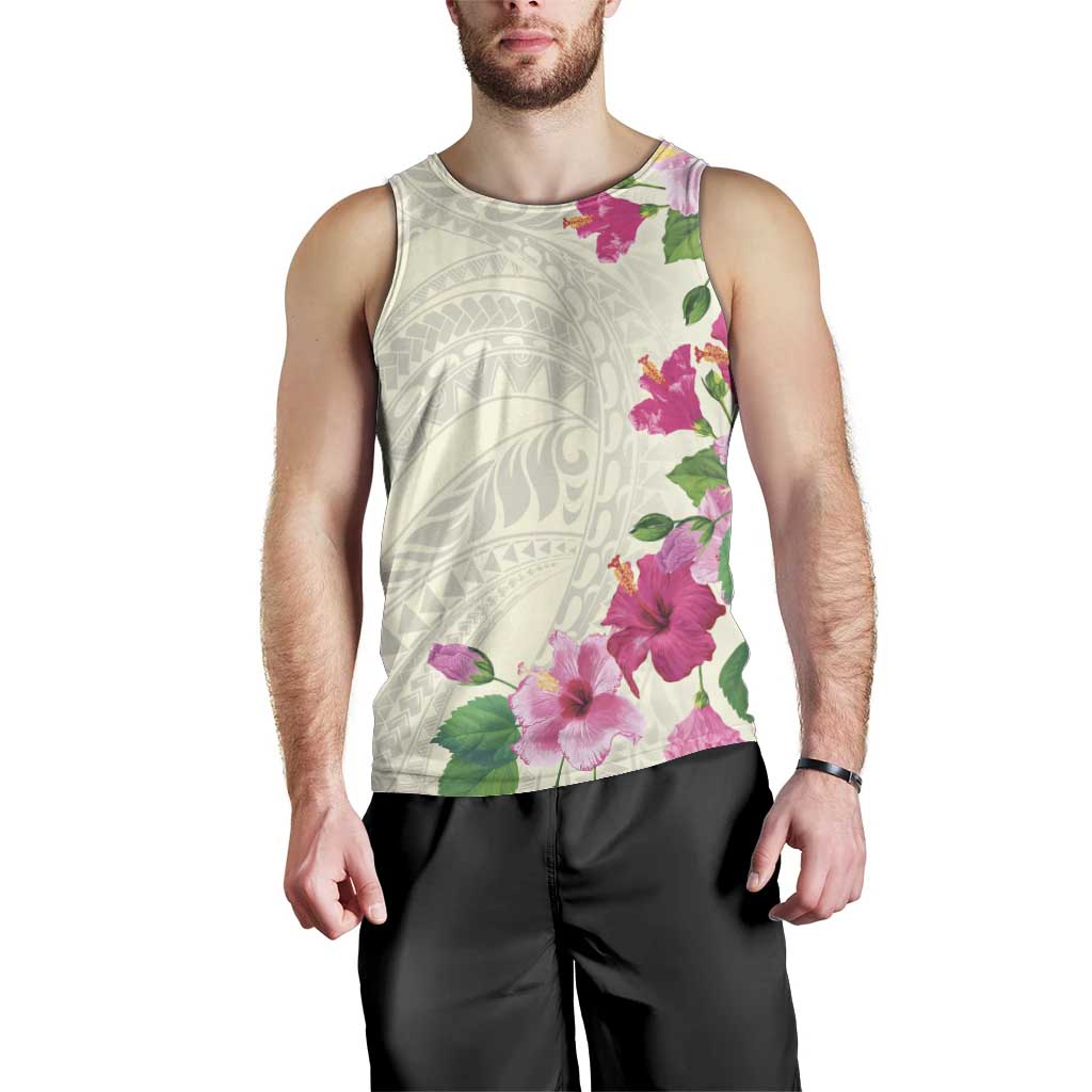 Hawaiian Hibiscus and Art Polynesian Tattoo Men Tank Top Beige Color