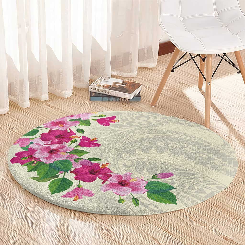 Hawaiian Hibiscus and Art Polynesian Tattoo Round Carpet Beige Color LT03 - Polynesian Pride