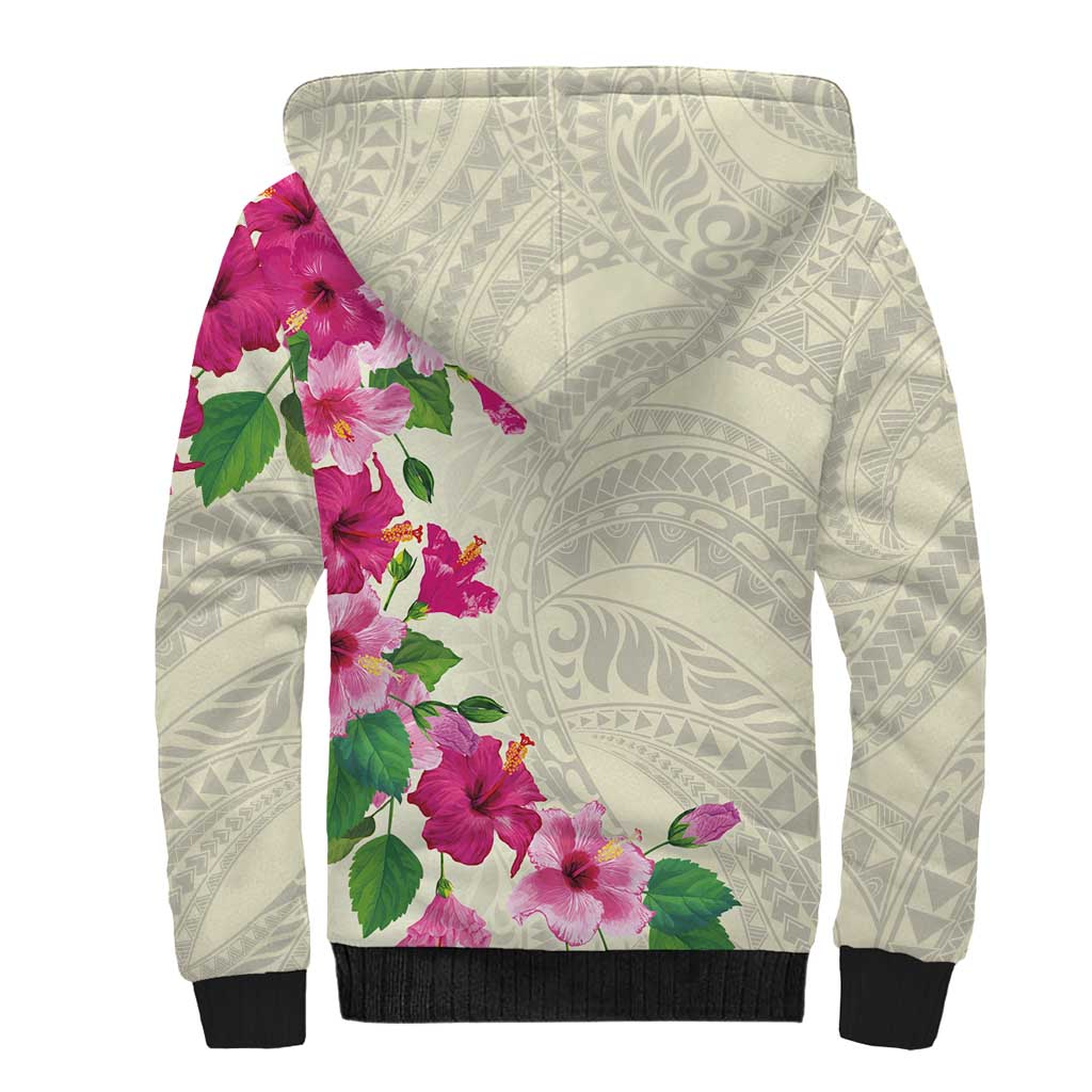 Hawaiian Hibiscus and Art Polynesian Tattoo Sherpa Hoodie Beige Color