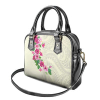 Hawaiian Hibiscus and Art Polynesian Tattoo Shoulder Handbag Beige Color