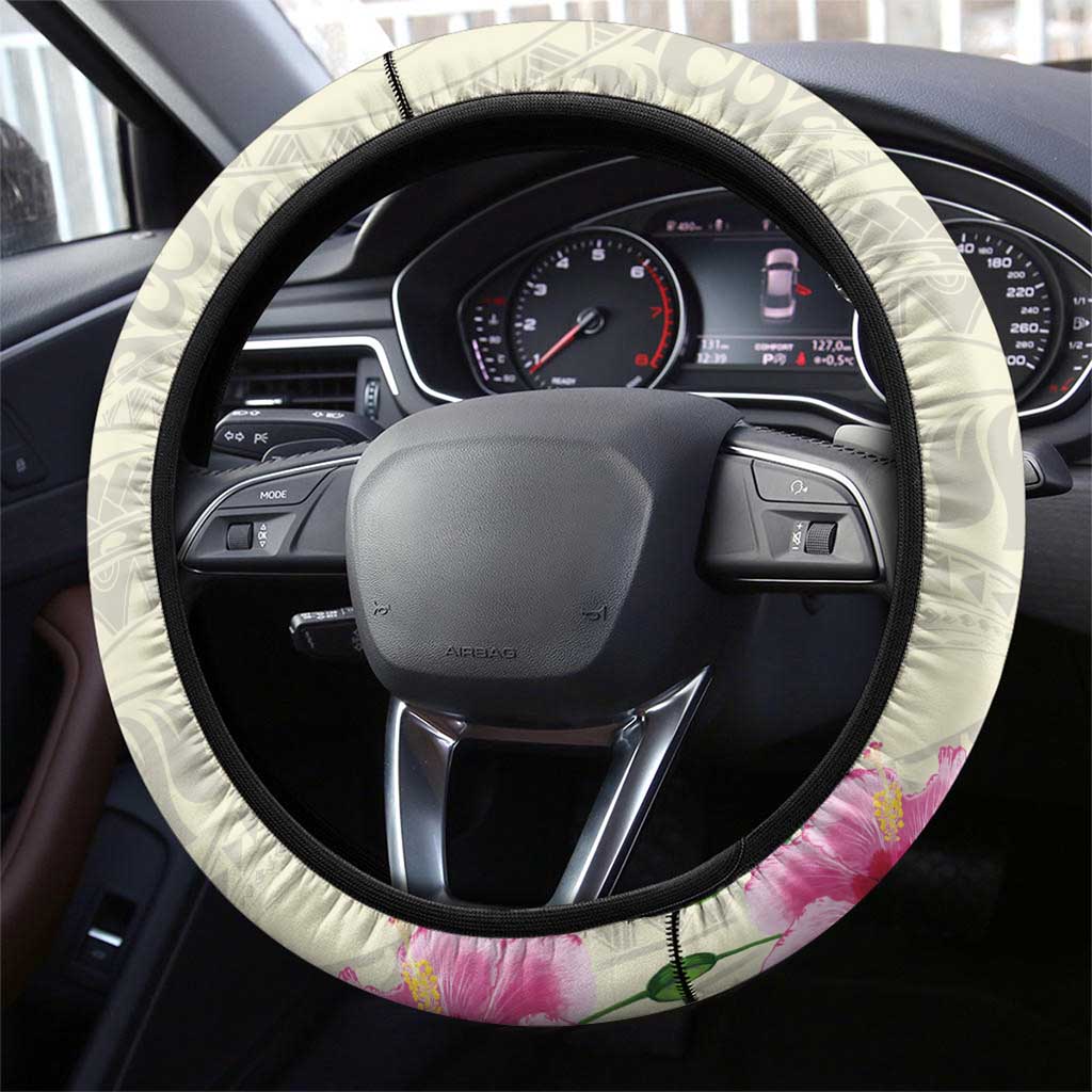 Hawaiian Hibiscus and Art Polynesian Tattoo Steering Wheel Cover Beige Color