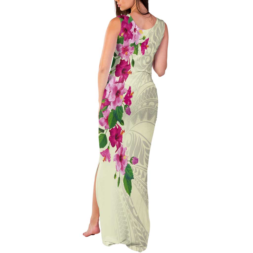 Hawaiian Hibiscus and Art Polynesian Tattoo Tank Maxi Dress Beige Color