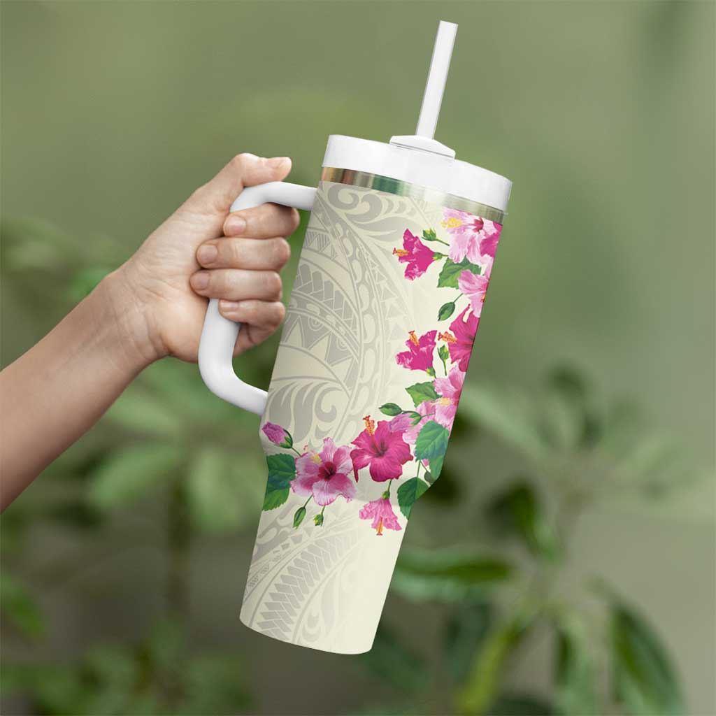 Hawaiian Hibiscus and Art Polynesian Tattoo Tumbler With Handle Beige Color