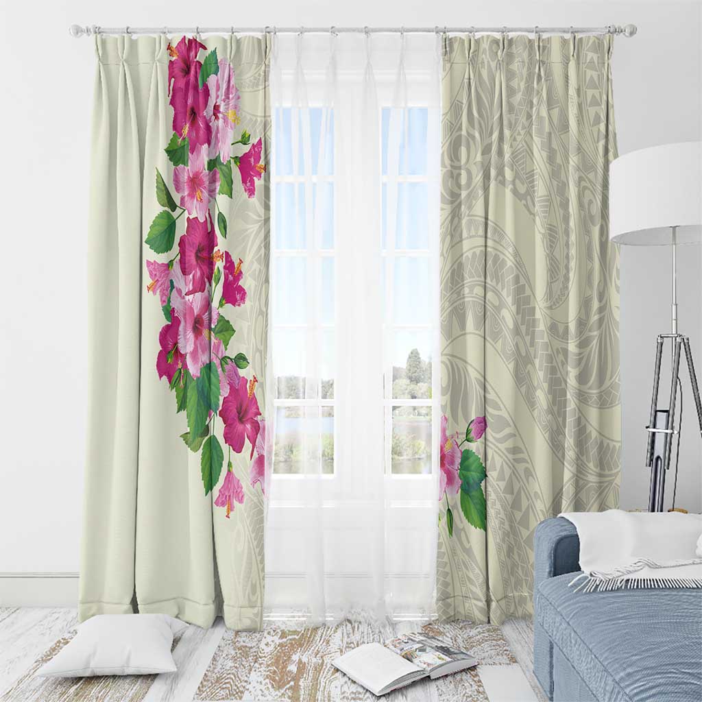 Hawaiian Hibiscus and Art Polynesian Tattoo Window Curtain Beige Color