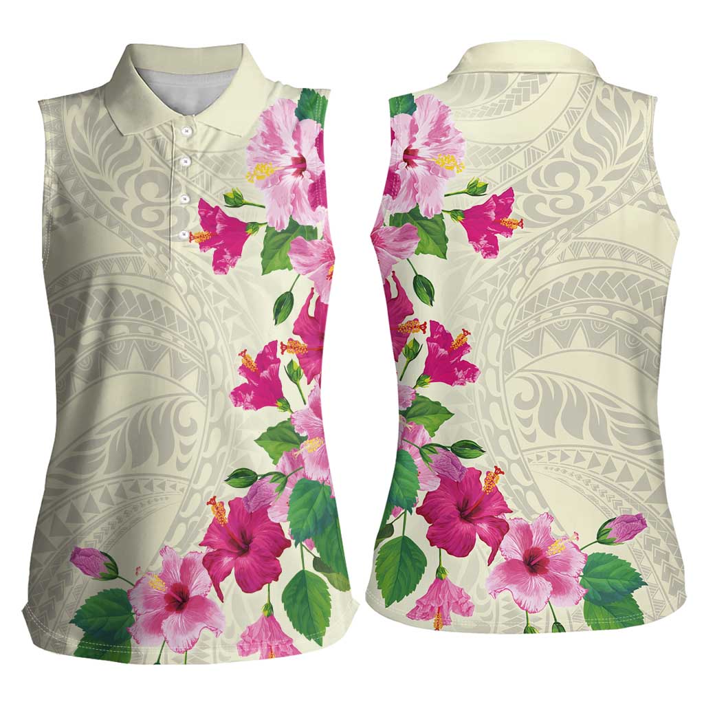 Hawaiian Hibiscus and Art Polynesian Tattoo Women Sleeveless Polo Shirt Beige Color LT03 - Polynesian Pride