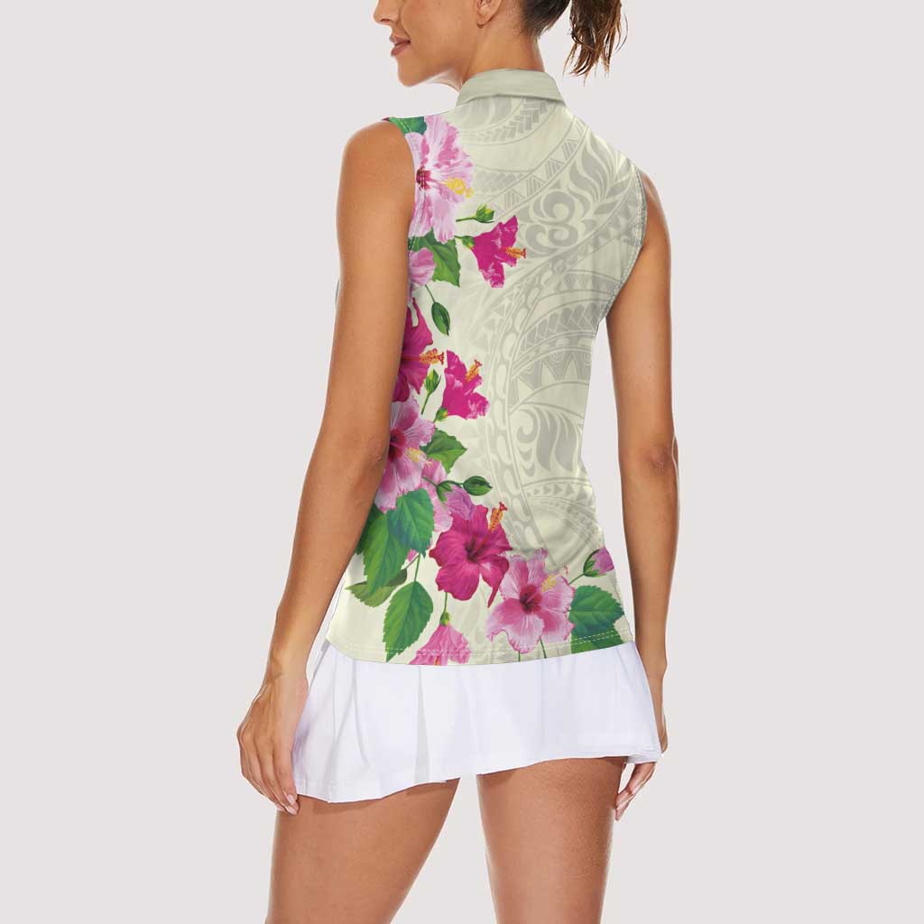 Hawaiian Hibiscus and Art Polynesian Tattoo Women Sleeveless Polo Shirt Beige Color LT03 - Polynesian Pride
