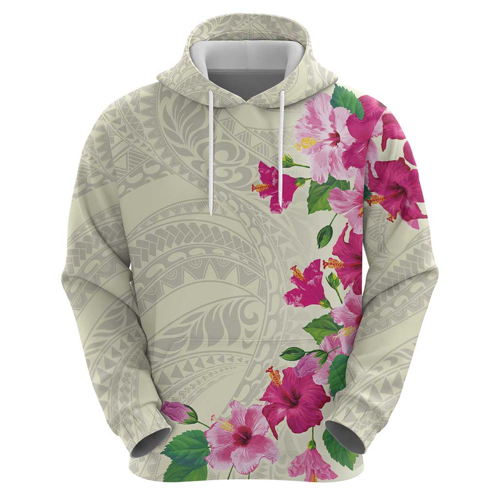 Hawaiian Hibiscus and Art Polynesian Tattoo Zip Hoodie Beige Color